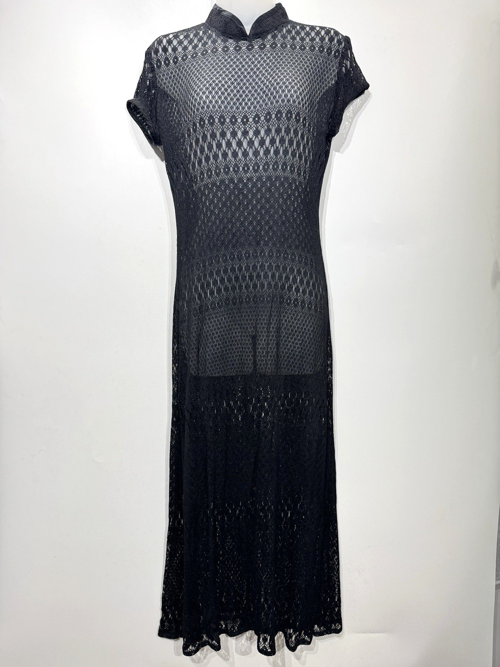 VTG Virgo II Sheer Crochet Maxi Dress Sz 8 Black Boho Goth Asian-Inspired Mesh